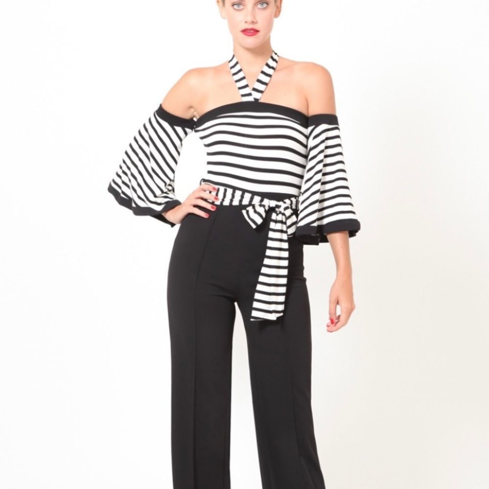 Black & White Part Striped Halter Jumpsuit - Picture 6 of 6
